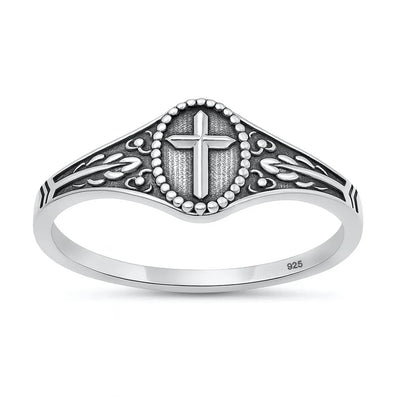Sterling Silver Oxidized And Polished 7.6mm Cross Ring