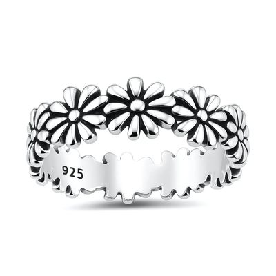 Sterling Silver Oxidized And Polished 5.7mm Daisy Flower Band Ring