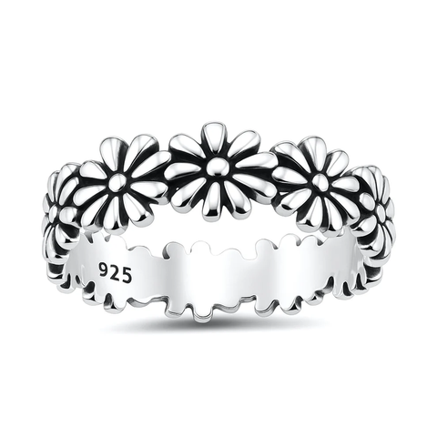 Sterling Silver Oxidized And Polished 5.7mm Daisy Flower Band Ring