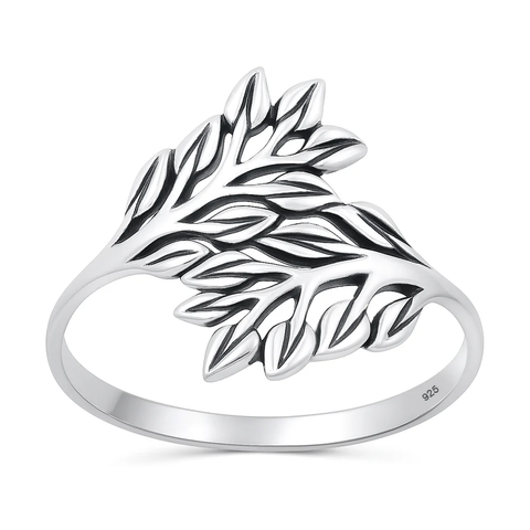 Sterling Silver Oxidized And Polished Leaf Branch Ring