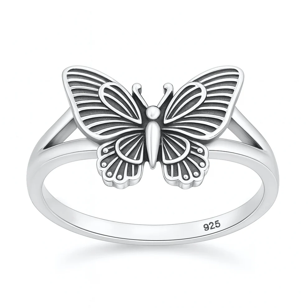 Sterling Silver Oxidized And Polished 13mm Butterfly Ring