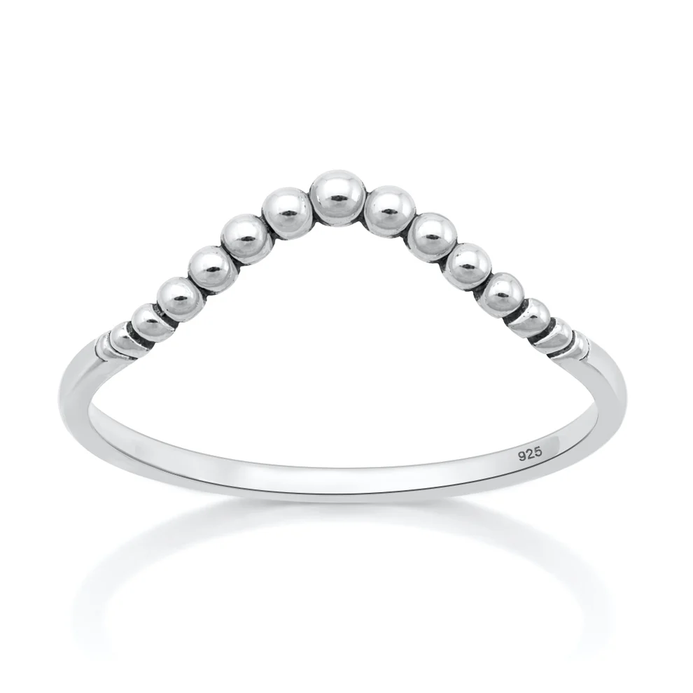 Sterling Silver Oxidized And Polished V Shape Beaded Ring