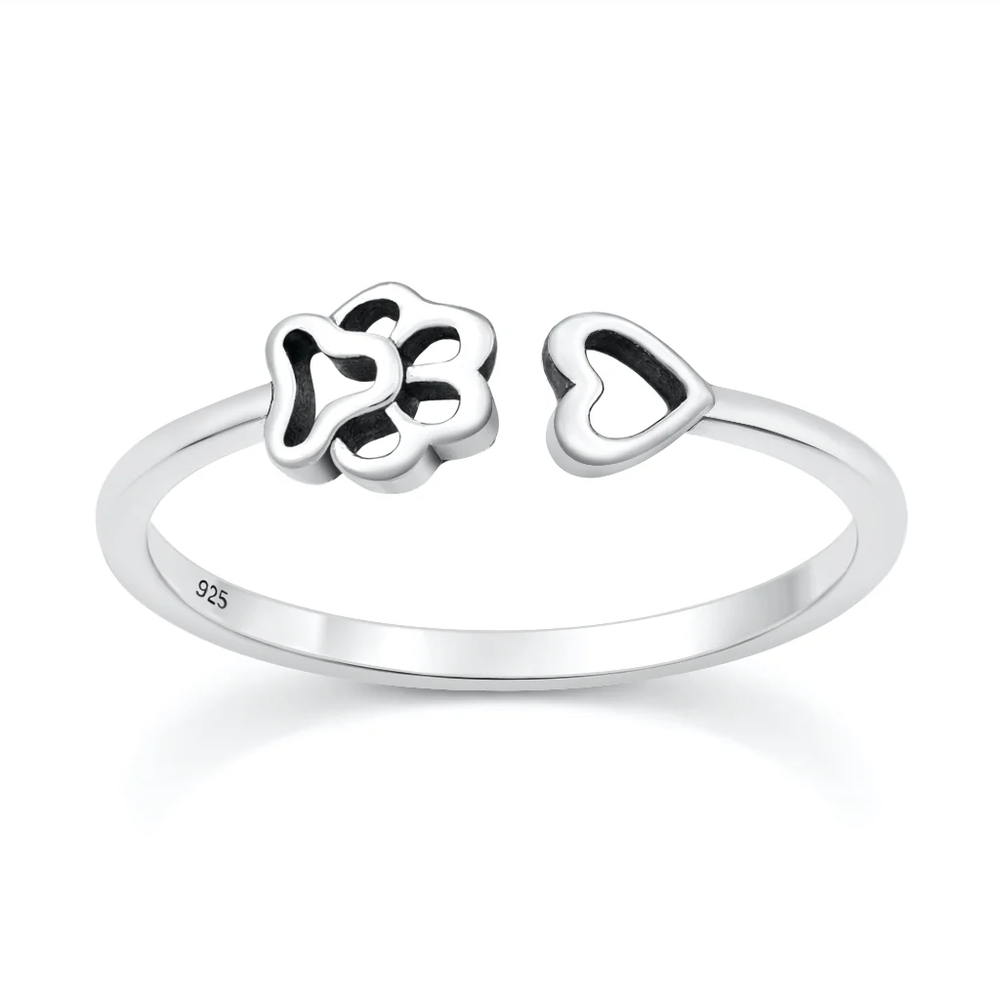 Sterling Silver Oxidized And Polished Paw Print And Heart Ring