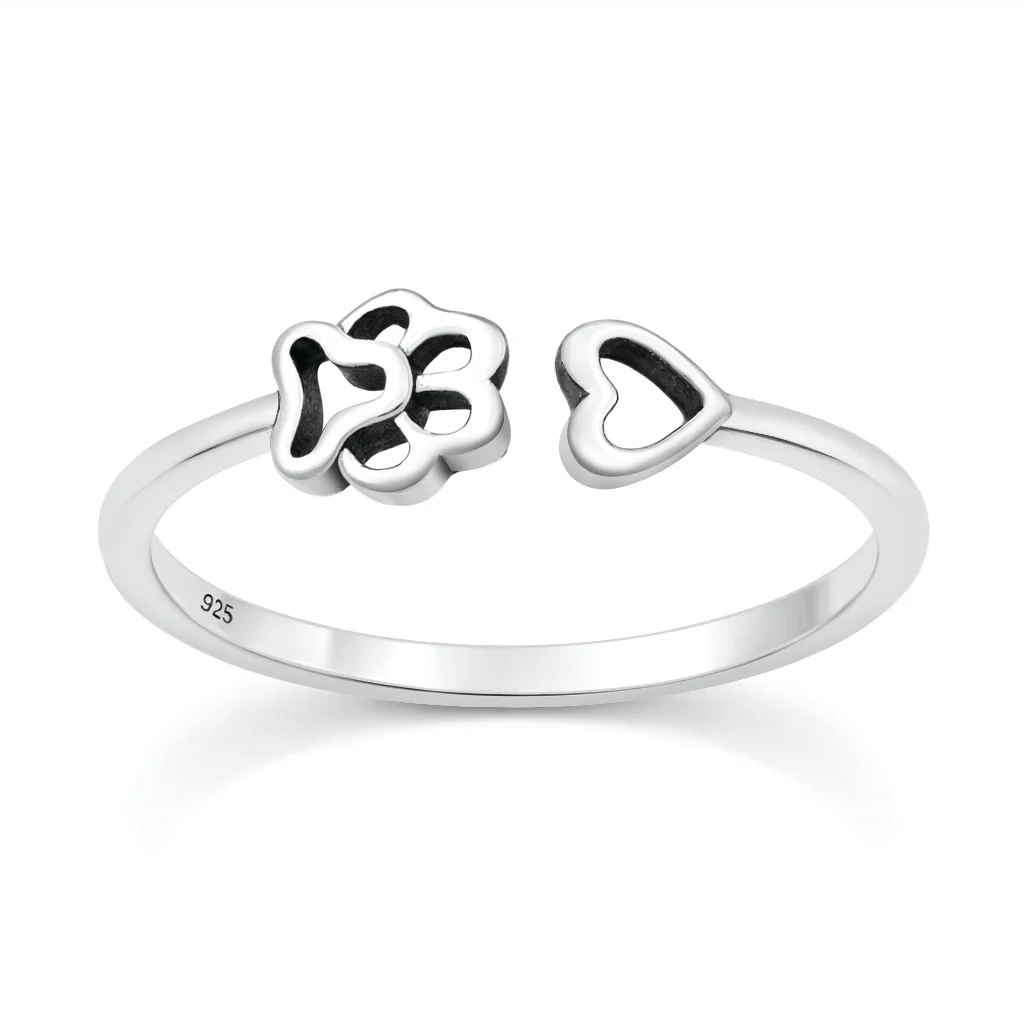 Sterling Silver Oxidized And Polished Paw Print And Heart Ring