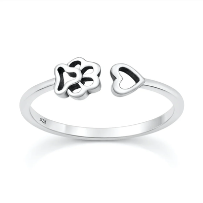 Sterling Silver Oxidized And Polished Paw Print And Heart Ring