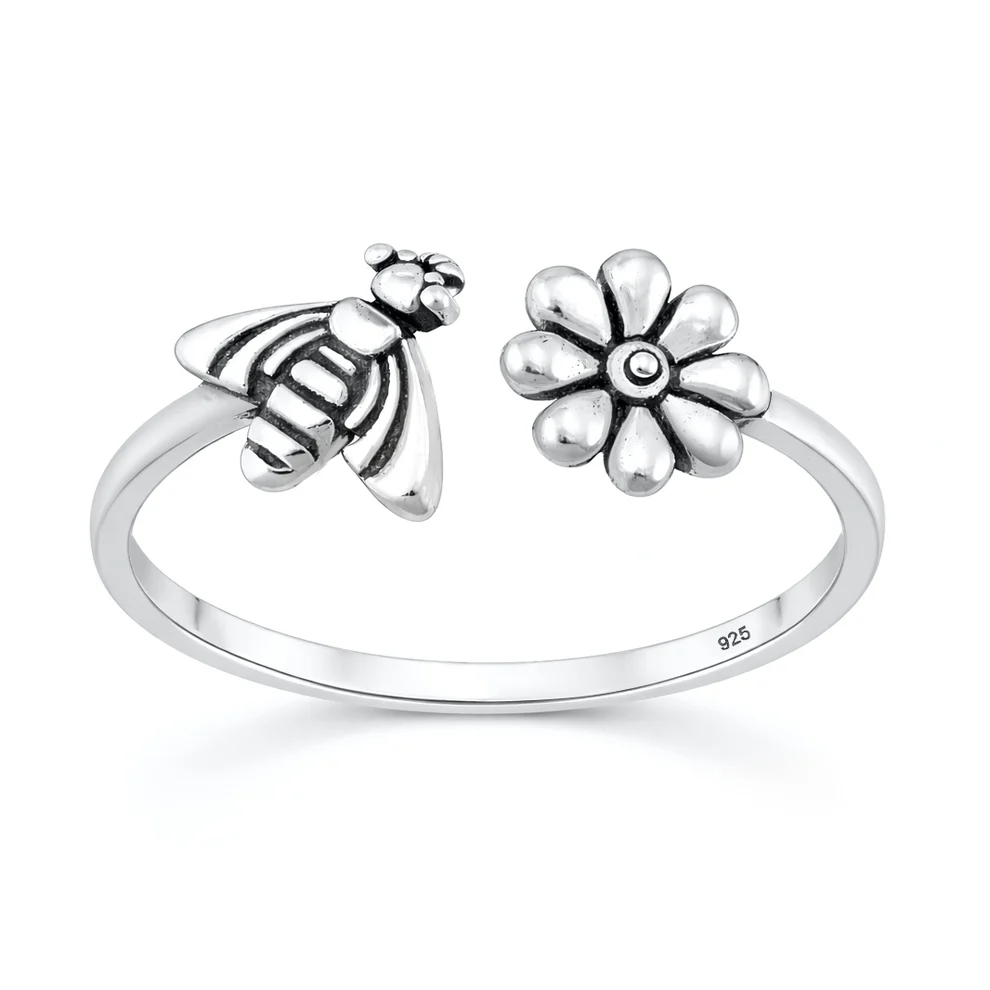 Sterling Silver Oxidized And Polished Bee And Flower Ring