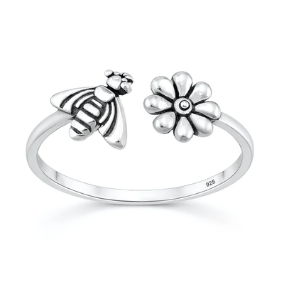 Sterling Silver Oxidized And Polished Bee And Flower Ring