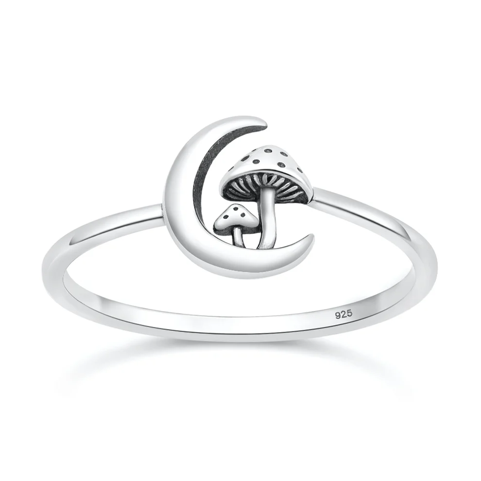 Sterling Silver Oxidized And Polished Moon And Mushrooms Ring