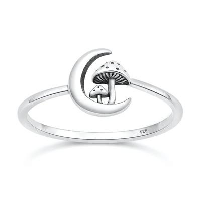 Sterling Silver Oxidized And Polished Moon And Mushrooms Ring