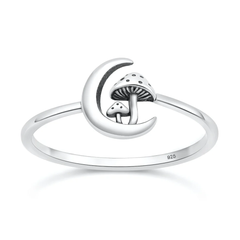 Sterling Silver Oxidized And Polished Moon And Mushrooms Ring