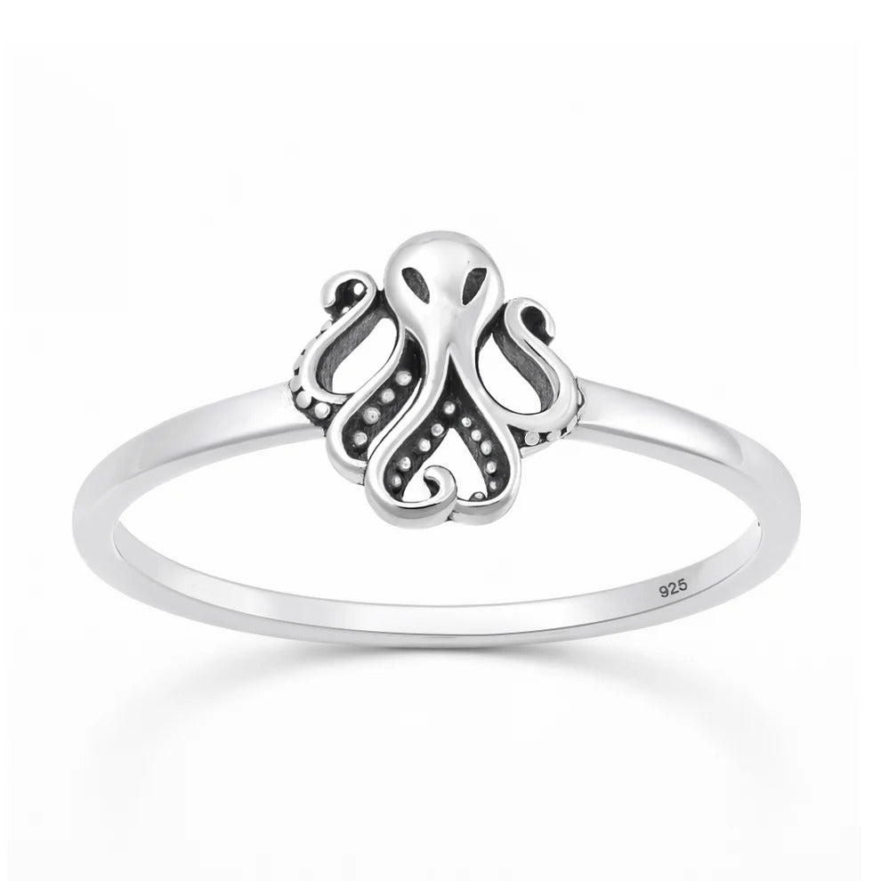 Sterling Silver Oxidized And Polished 8.7mm Octopus Ring