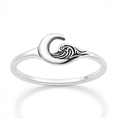 Sterling Silver Oxidized And Polished Moon And Waves Ring