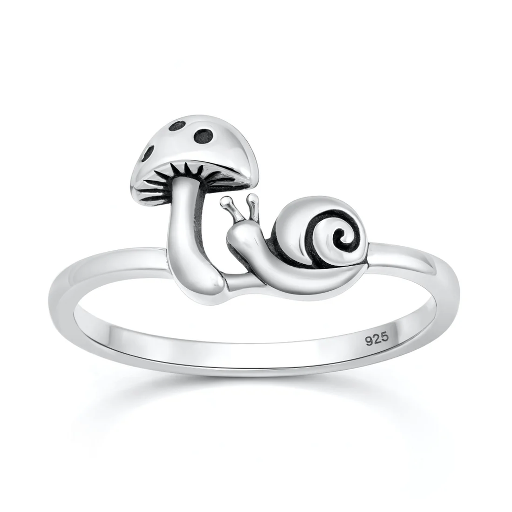 Sterling Silver Oxidized And Polished Mushroom And Snail Ring