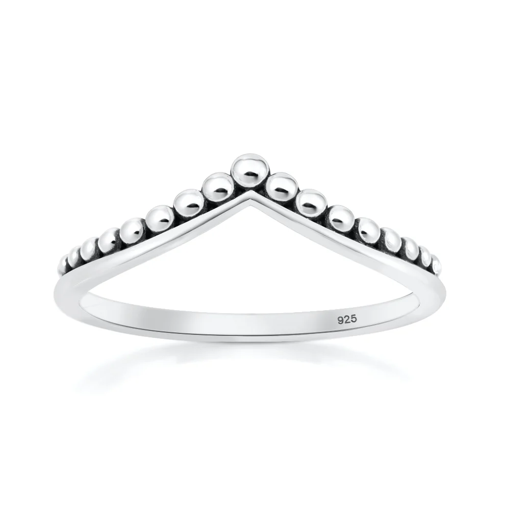 Sterling Silver Oxidized And Polished Beaded V Shape Ring