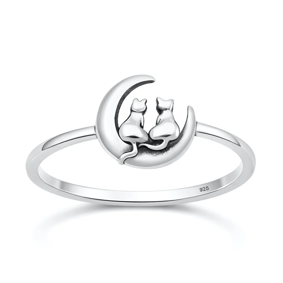 Sterling Silver Oxidized And Polished Cat On Moon Ring