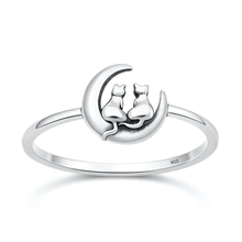 Load image into Gallery viewer, Sterling Silver Oxidized And Polished Cat On Moon Ring