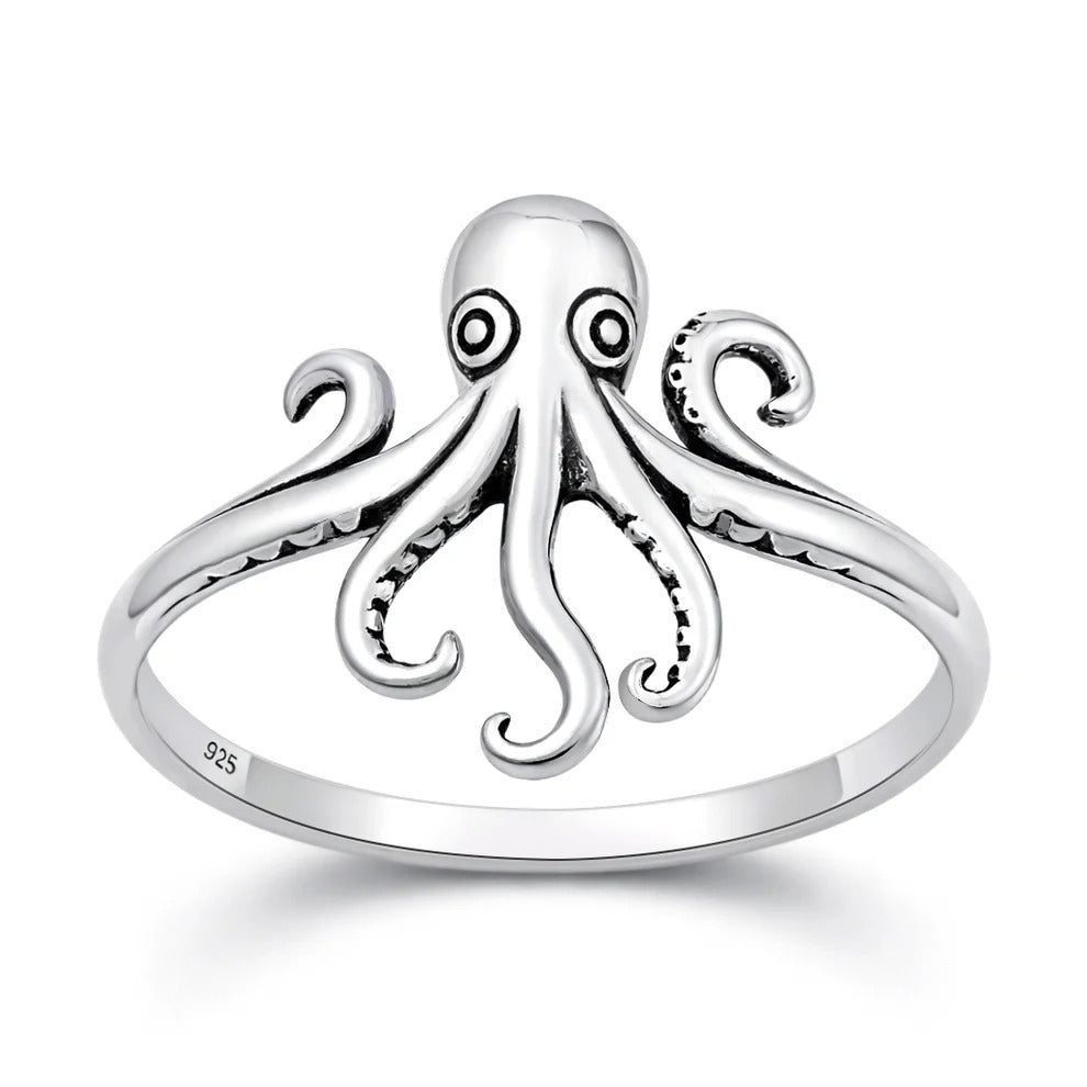 Sterling Silver Oxidized And Polished Octopus Ring