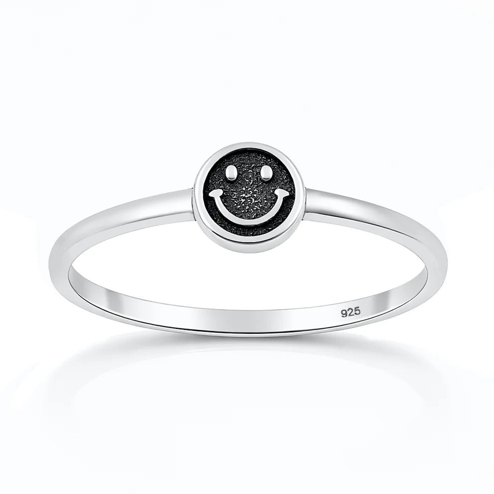 Sterling Silver Oxidized And Polished 5.8mm Happy Face Ring