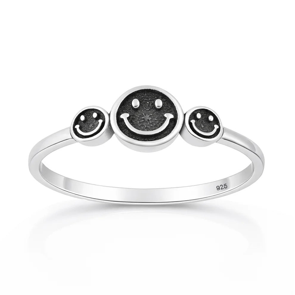 Sterling Silver Oxidized And Polished 6.6mm Happy Face Ring
