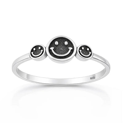 Sterling Silver Oxidized And Polished 6.6mm Happy Face Ring