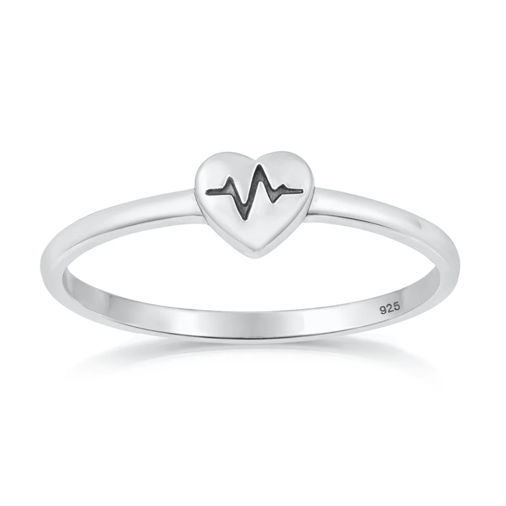 Sterling Silver Oxidized And Polished Heart EKG Ring