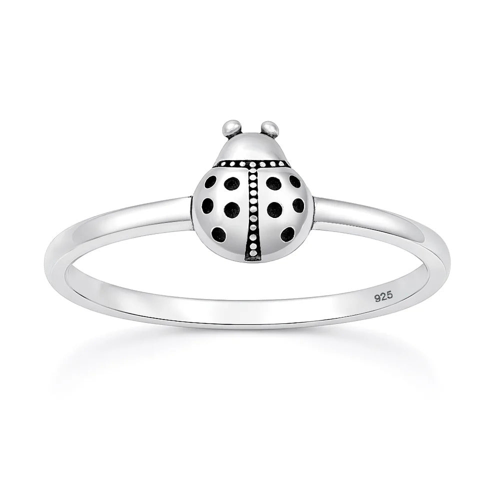 Sterling Silver Oxidized And Polished 7.5mm Ladybug Ring