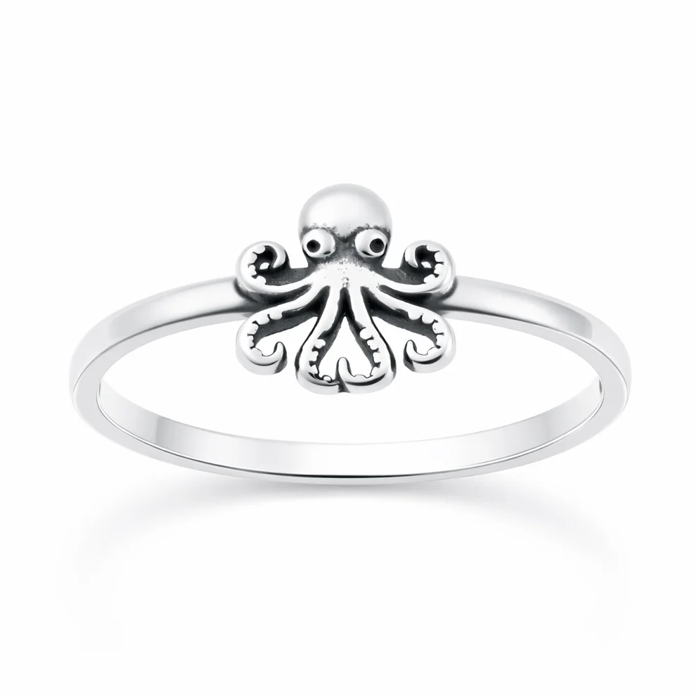 Sterling Silver Oxidized And Polished 8.5mm Octopus Ring