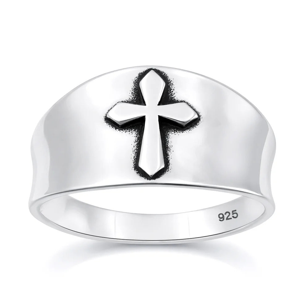 Sterling Silver Oxidized And Polished Cross Ring
