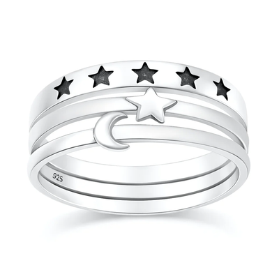 Sterling Silver Oxidized And Polished Moon And Stars Stacking Set Ring