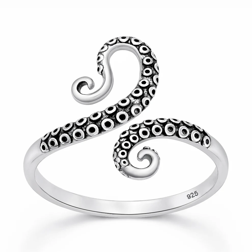 Sterling Silver Oxidized And Polished Octopus Tentacles Ring