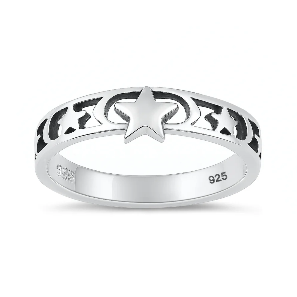 Sterling Silver High Polished And Oxidized Moon And Stars Ring