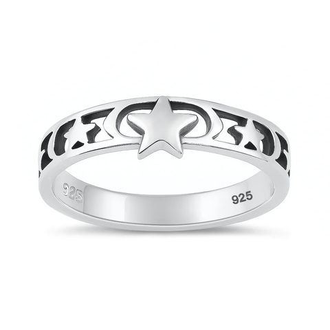 Sterling Silver High Polished And Oxidized Moon And Stars Ring