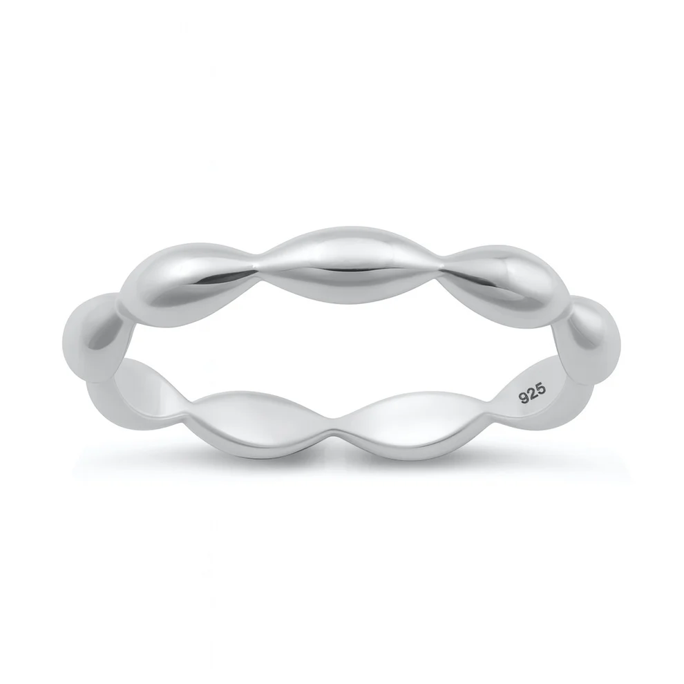 Sterling Silver Rhodium Plated Bead Wave Ring