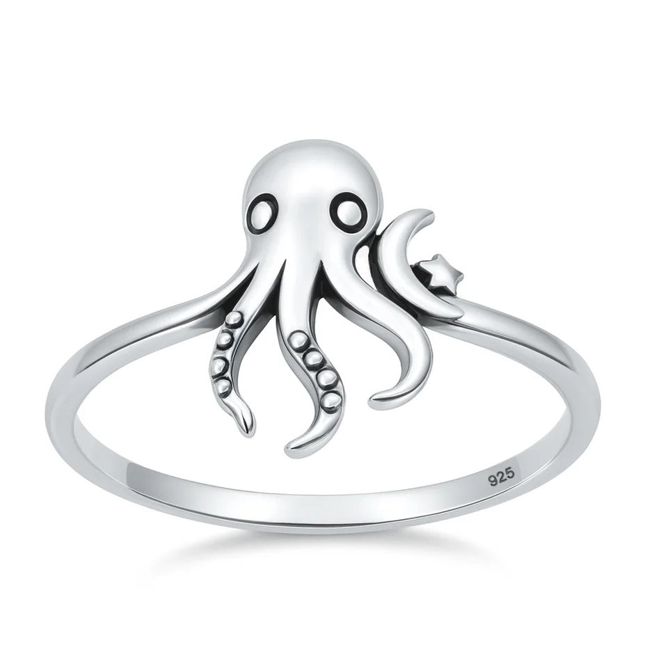 Sterling Silver Oxidized And Polished 14.4mm Octopus Ring