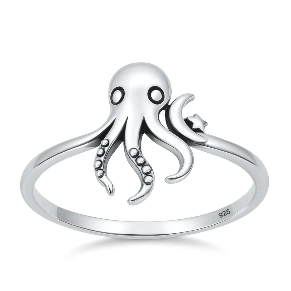 Sterling Silver Oxidized And Polished Octopus Ring
