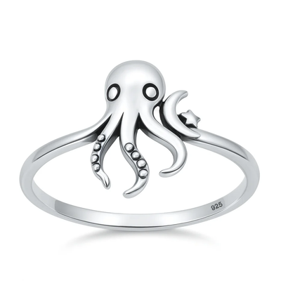 Sterling Silver Oxidized And Polished Octopus Ring