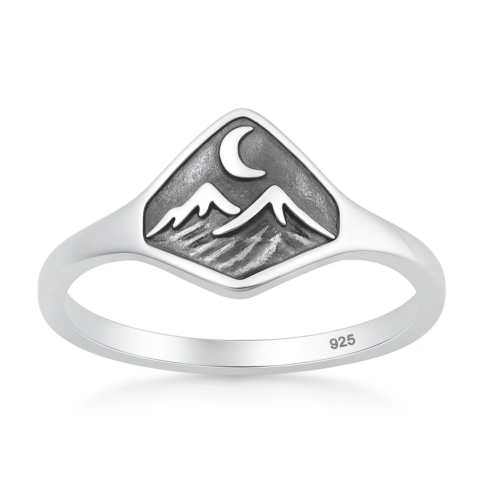 Sterling Silver Oxidized And Polished Mountain And Moon Ring