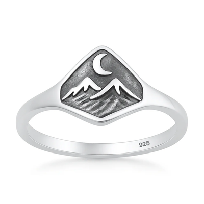 Sterling Silver Oxidized And Polished Mountain And Moon Ring