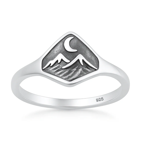 Sterling Silver Oxidized And Polished Mountain And Moon Ring