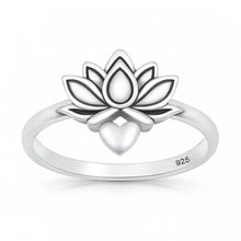 Load image into Gallery viewer, Sterling Silver Oxidized And Polished Lotus And Heart Ring