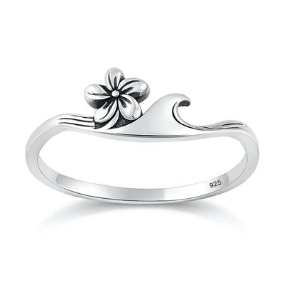 Sterling Silver Oxidized And Polished Wave And Flower Ring