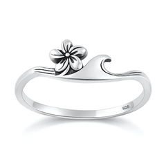 Sterling Silver Oxidized And Polished Wave And Flower Ring