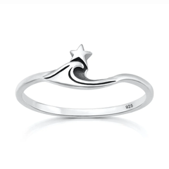 Sterling Silver Oxidized And Polished Wave And Star Ring