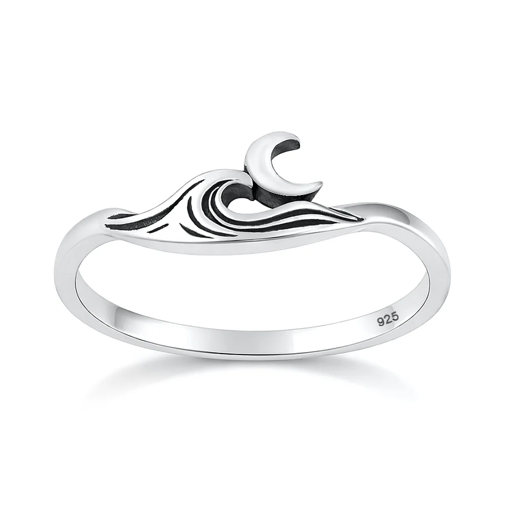 Sterling Silver Oxidized And Polished Waves And Moon Ring