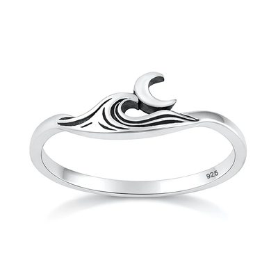 Sterling Silver Oxidized And Polished Waves And Moon Ring