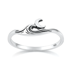 Sterling Silver Oxidized And Polished Waves And Moon Ring