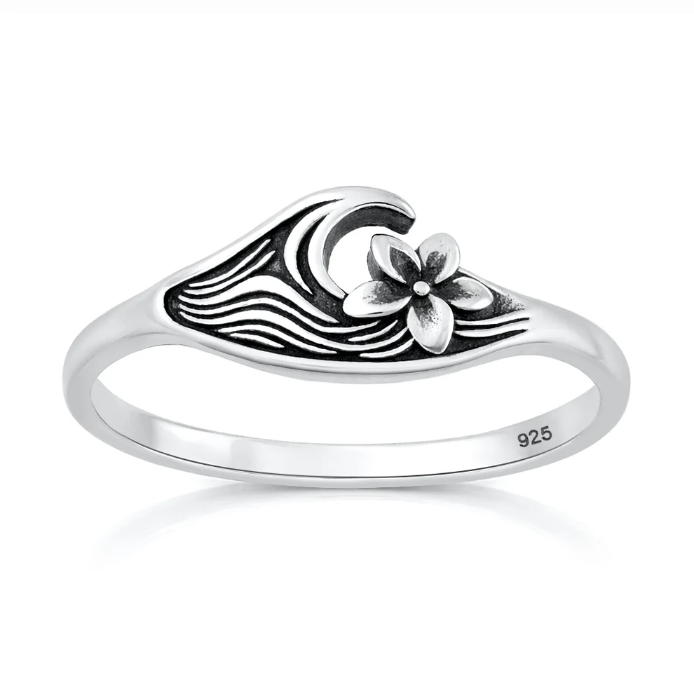 Sterling Silver Oxidized And Polished Flower And Ocean Ring
