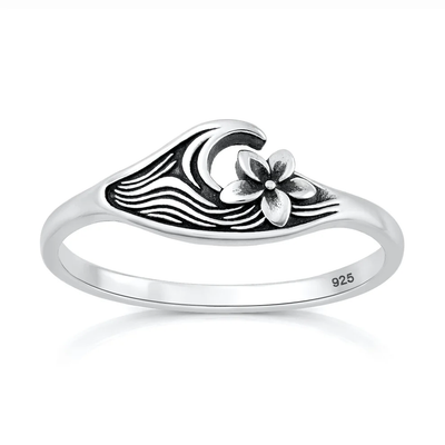 Sterling Silver Oxidized And Polished Flower And Ocean Ring