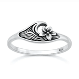 Sterling Silver Oxidized And Polished Flower And Ocean Ring