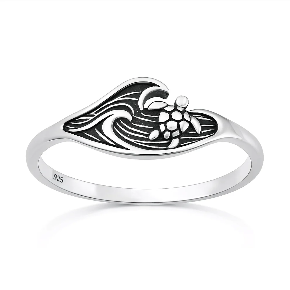 Sterling Silver Oxidized And Polished 7.5mm Turtle And Ocean Ring